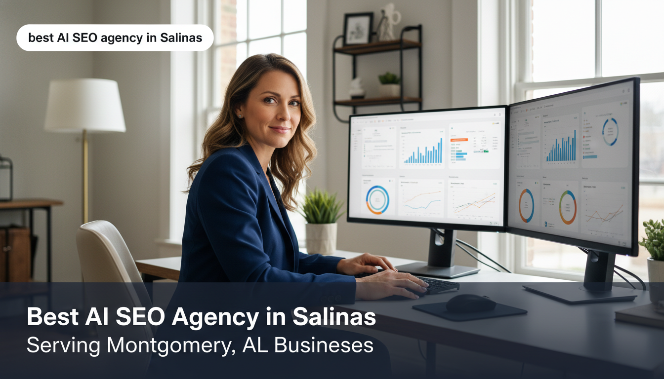 Professional AI SEO strategist at modern Salinas office reviewing analytics dashboards