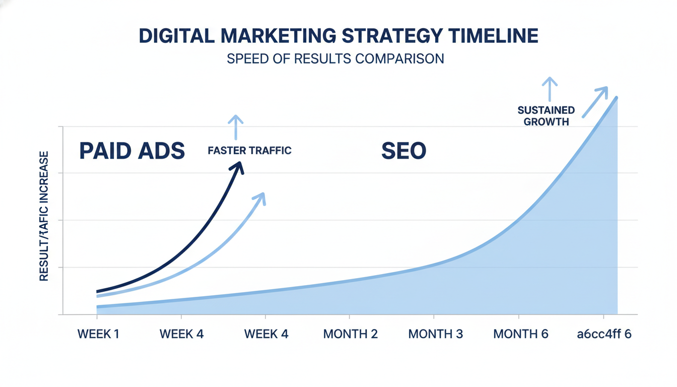 Timeline comparison showing paid ads results in 2-4 weeks versus SEO results in 3-6 months, digital marketing timeline