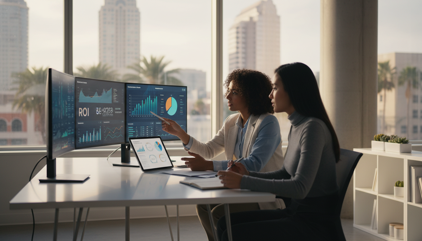 Professional marketing team collaborating at modern Orlando office desk with analytics dashboards, digital marketing agency Orlando FL