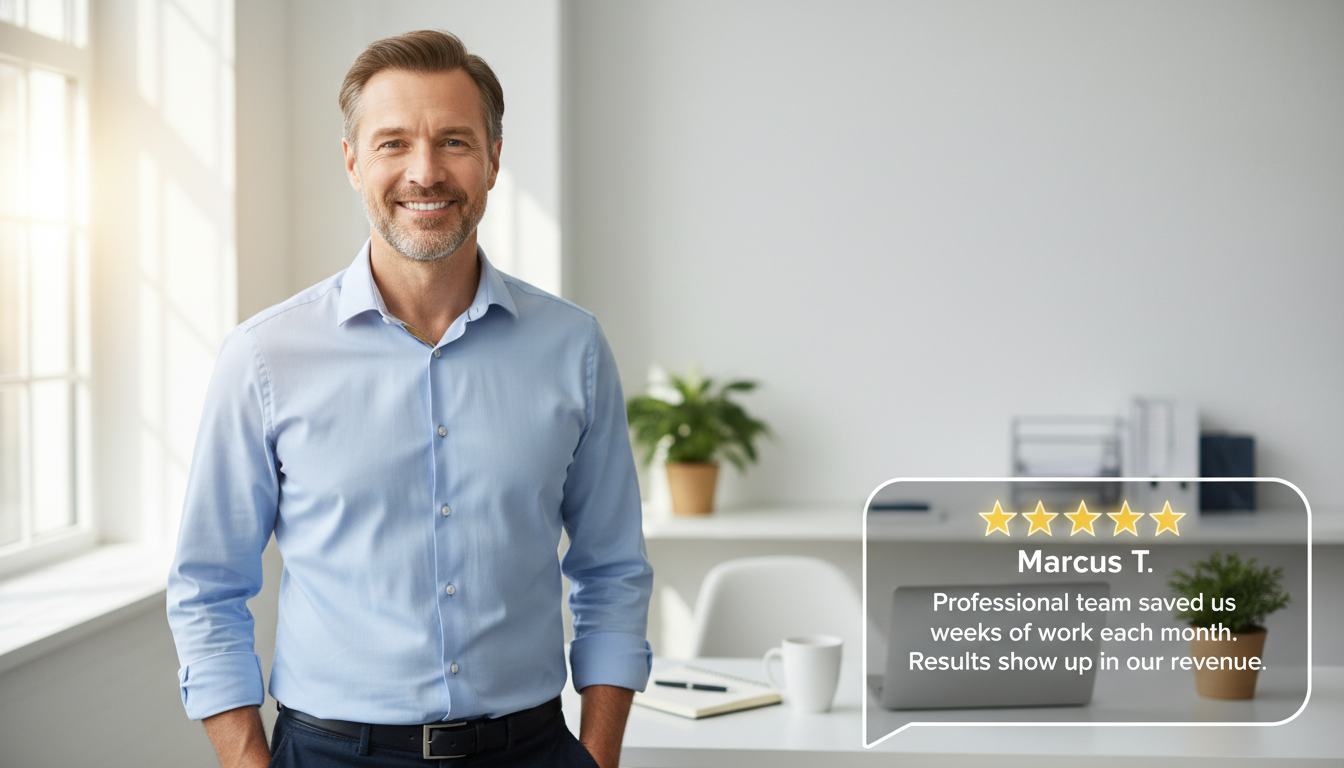 Satisfied business owner testimonial with 5-star review: professional digital marketing saves time and increases revenue Orlando