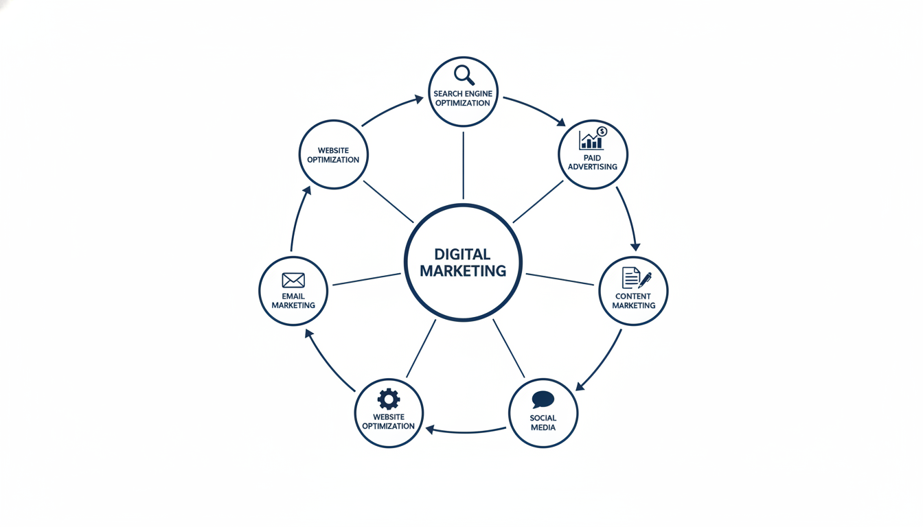 Six interconnected digital marketing channels diagram: SEO, paid ads, content, email, social media, website optimization
