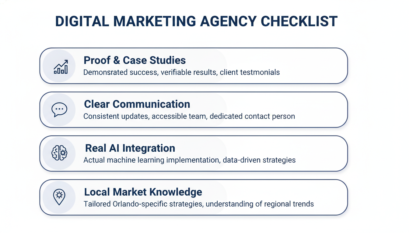 Agency evaluation checklist: proof, communication, AI integration, local knowledge for choosing Orlando digital marketing firm