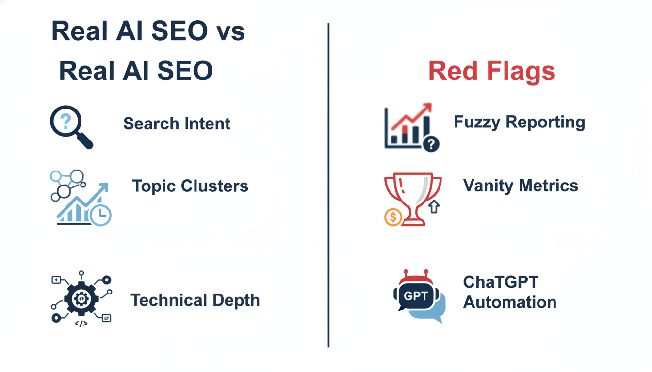 Two-column comparison infographic: Real AI SEO practices vs red flags to avoid