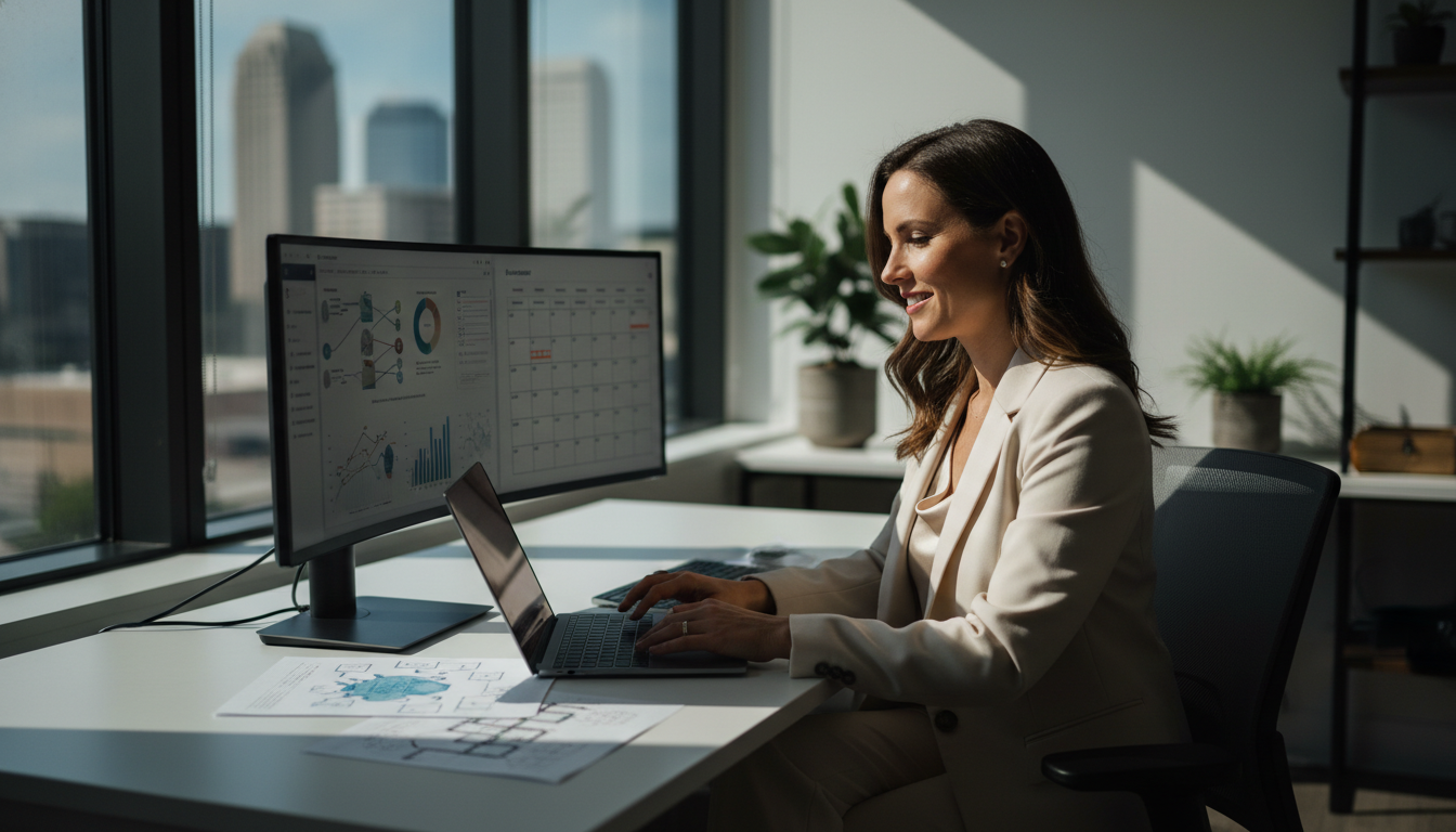 Professional content strategist working at modern office desk with strategy materials and monitors, Lansing