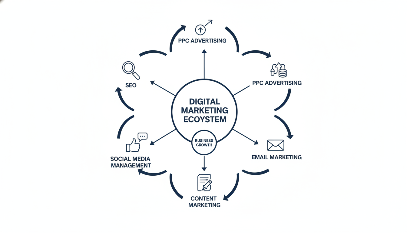 Digital marketing ecosystem diagram showing interconnected channels: SEO, PPC, social media, email, content