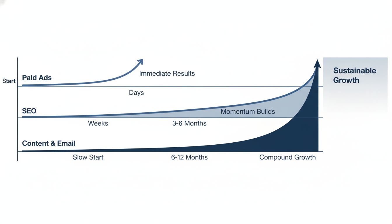 Marketing timeline comparison: paid ads results in days, SEO in 3-6 months, content marketing in 6-12 months