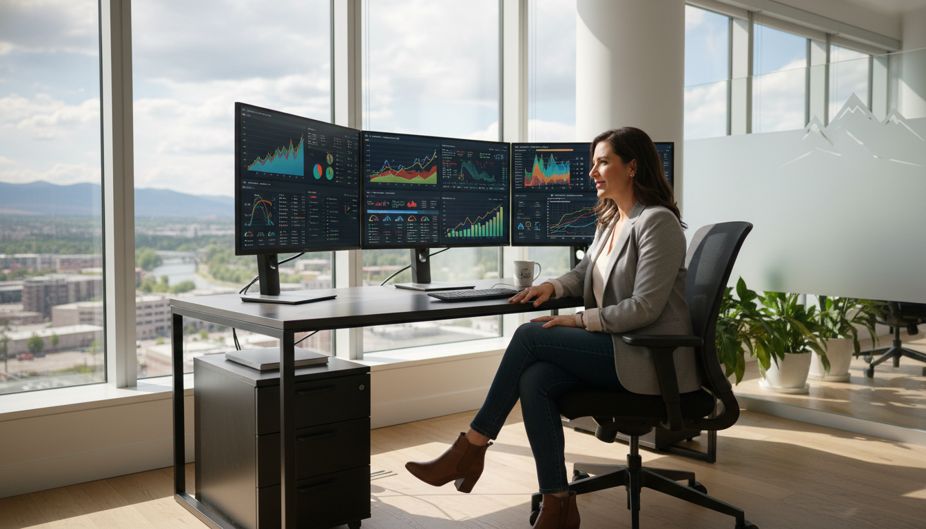 Marketing strategist analyzing data dashboard in modern Fort Collins office with Colorado city views