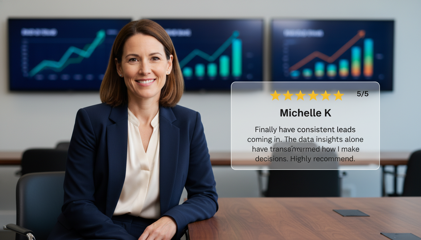 Business owner testimonial: satisfied woman with 5-star review praising consistent leads and data insights