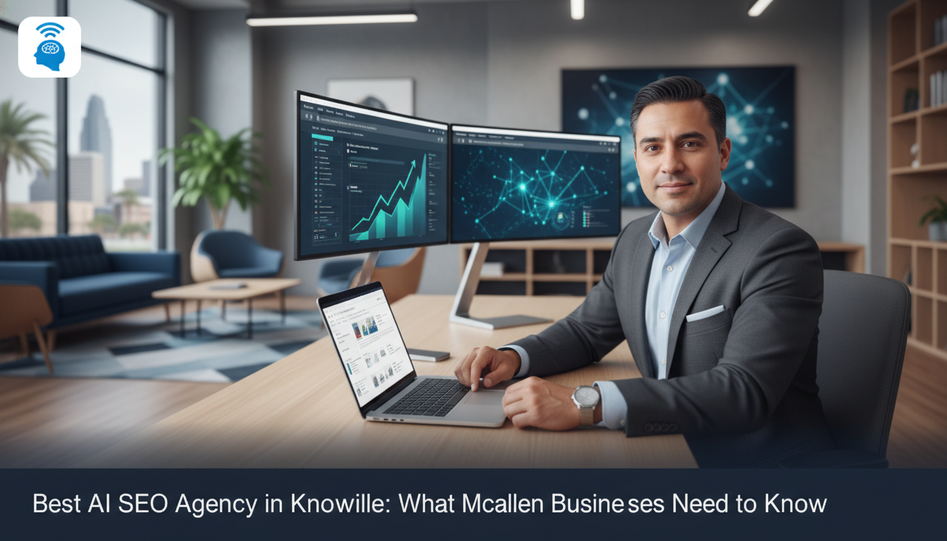 Professional SEO strategist in modern South Texas office with analytics displays, AI SEO agency, Knoxville