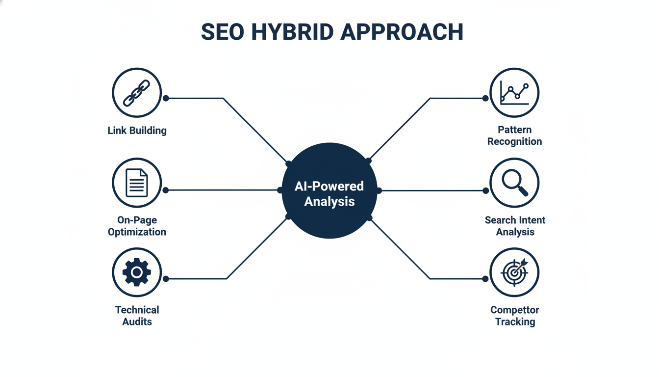 SEO Hybrid process flow diagram showing traditional SEO methods and AI tools integration