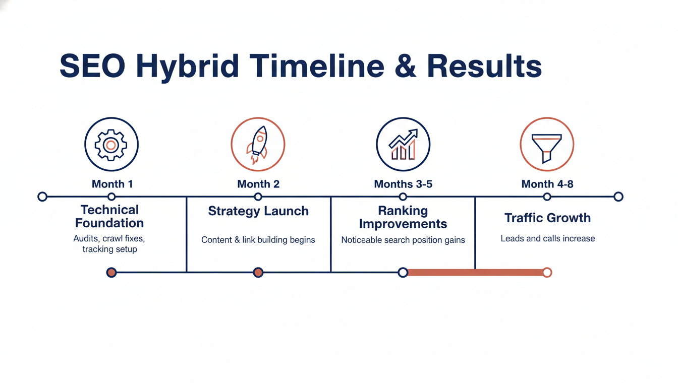 SEO Hybrid timeline showing 8-month progression from audits to traffic growth results