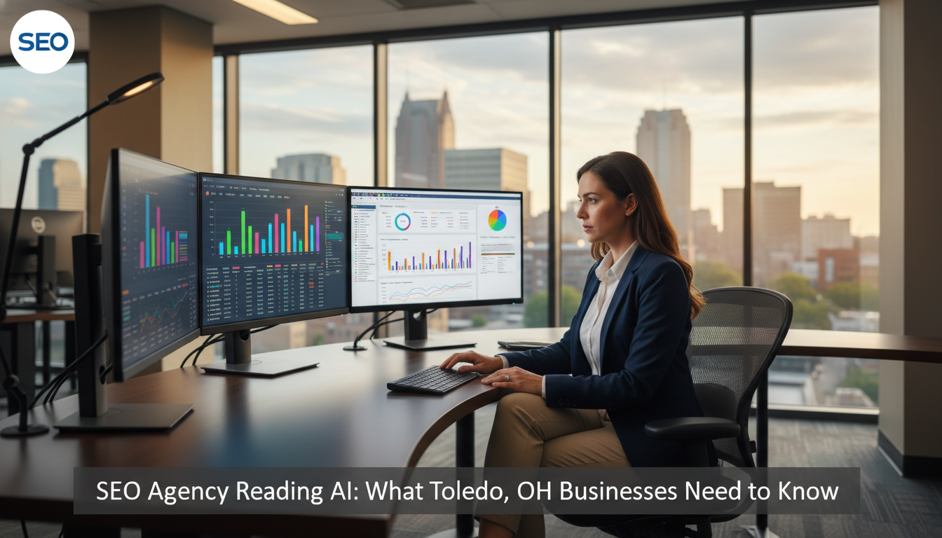 SEO analyst at desk with analytics dashboards, Toledo skyline view, SEO Hybrid Toledo