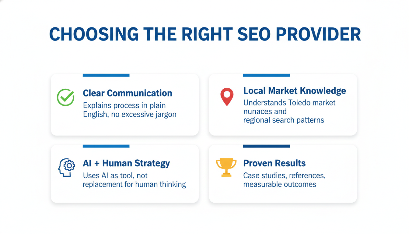 Checklist infographic for choosing right SEO provider with four key selection criteria