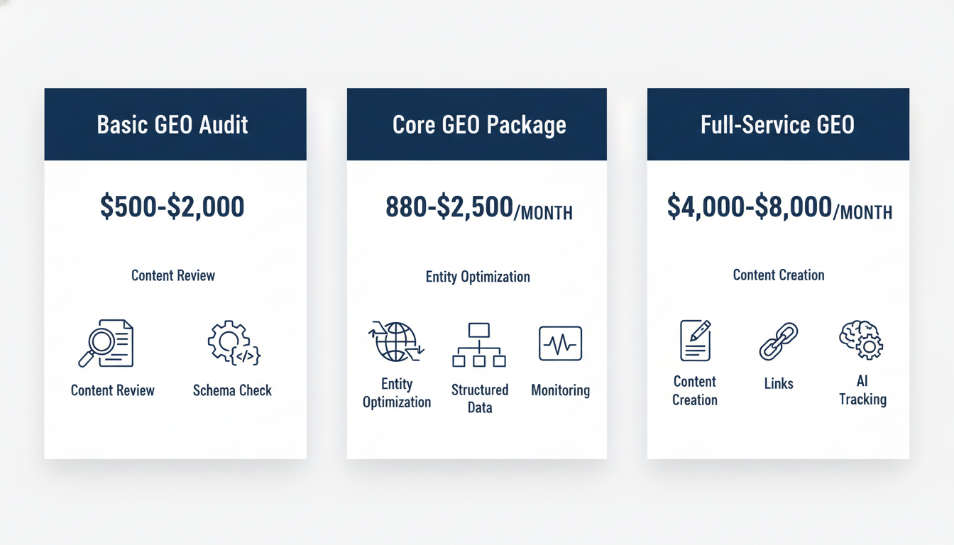 GEO service pricing breakdown showing Basic, Core, and Full-Service package costs