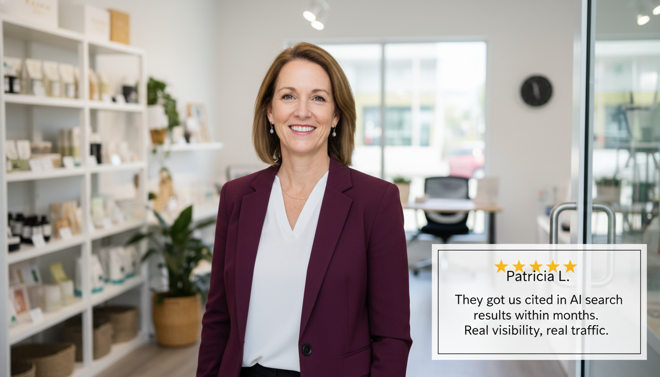 Montgomery business owner with 5-star review testimonial about GEO results and AI visibility