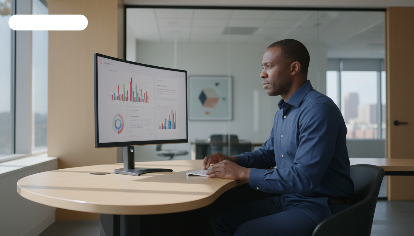 Professional business owner reviewing AI search analytics in modern Montgomery office workspace