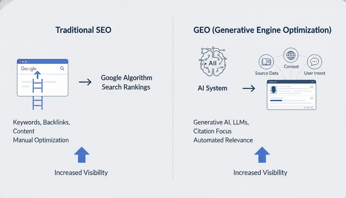 Side-by-side comparison diagram of Traditional SEO vs GEO methodology and approach