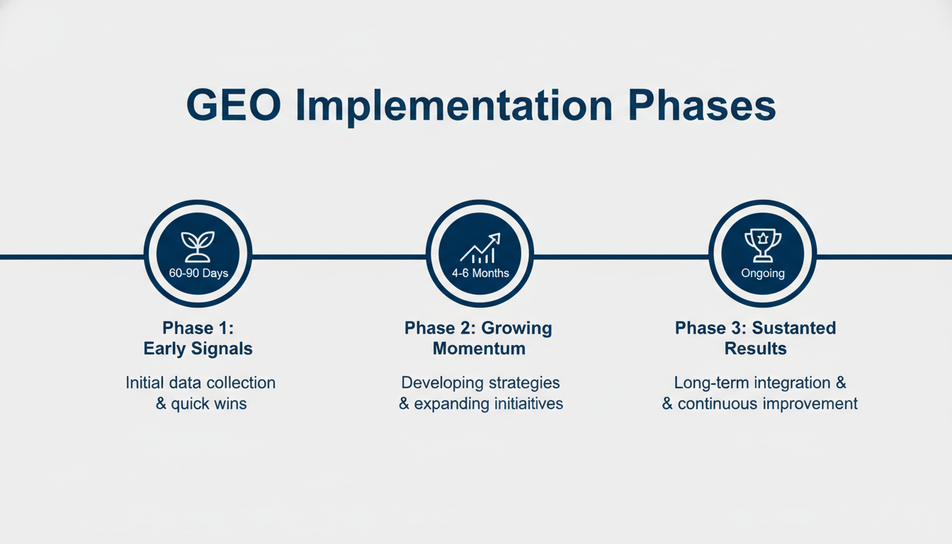 GEO implementation timeline showing 60-90 day early signals and 4-6 month milestones