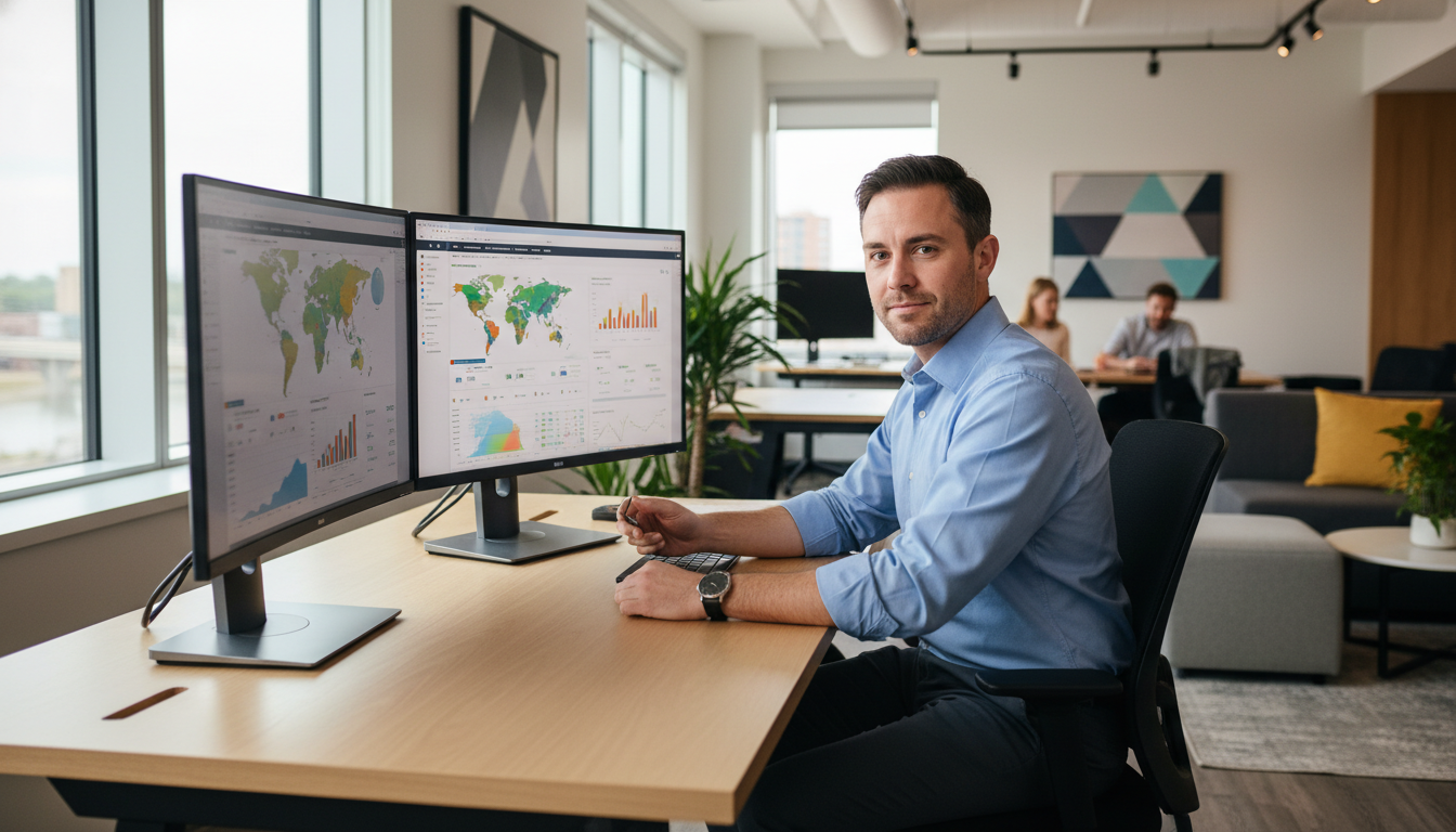 SEO strategist analyzing analytics dashboard in modern Toledo office setting with dual monitors