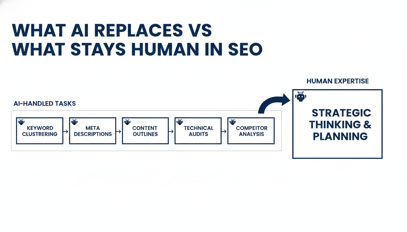Process flow showing AI-replaced SEO tasks and human-retained strategic functions in Toledo SEO