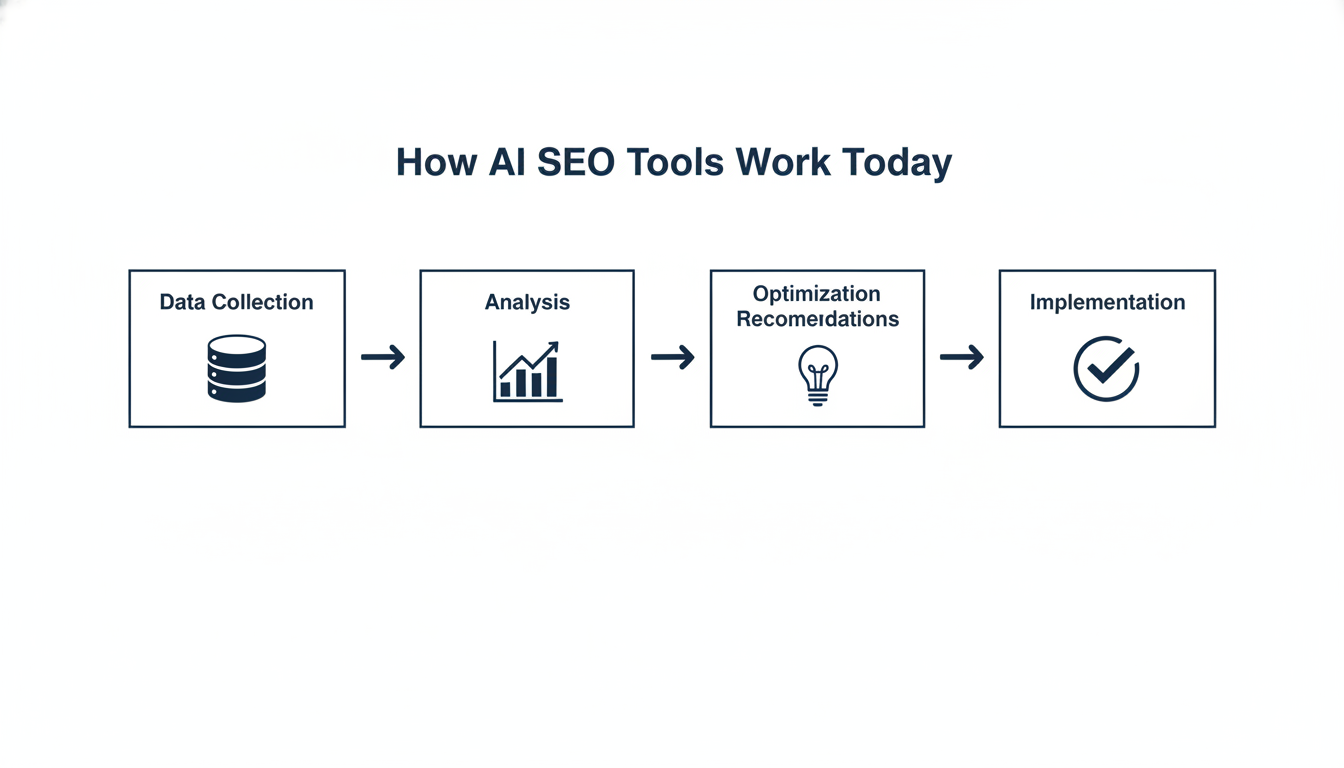 Four-stage diagram showing AI SEO workflow: data collection, analysis, recommendations, implementation