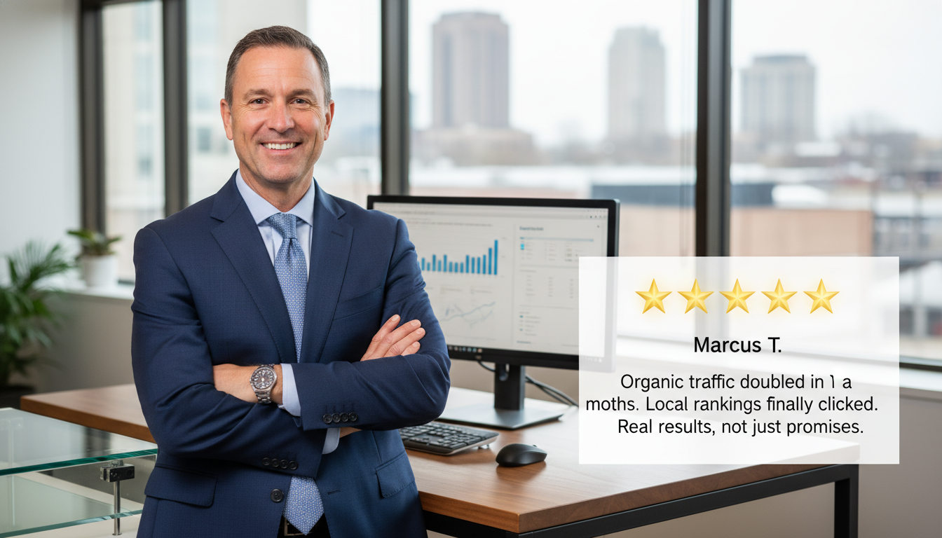 Toledo business owner testimonial with five-star review praising doubled organic traffic and local rankings