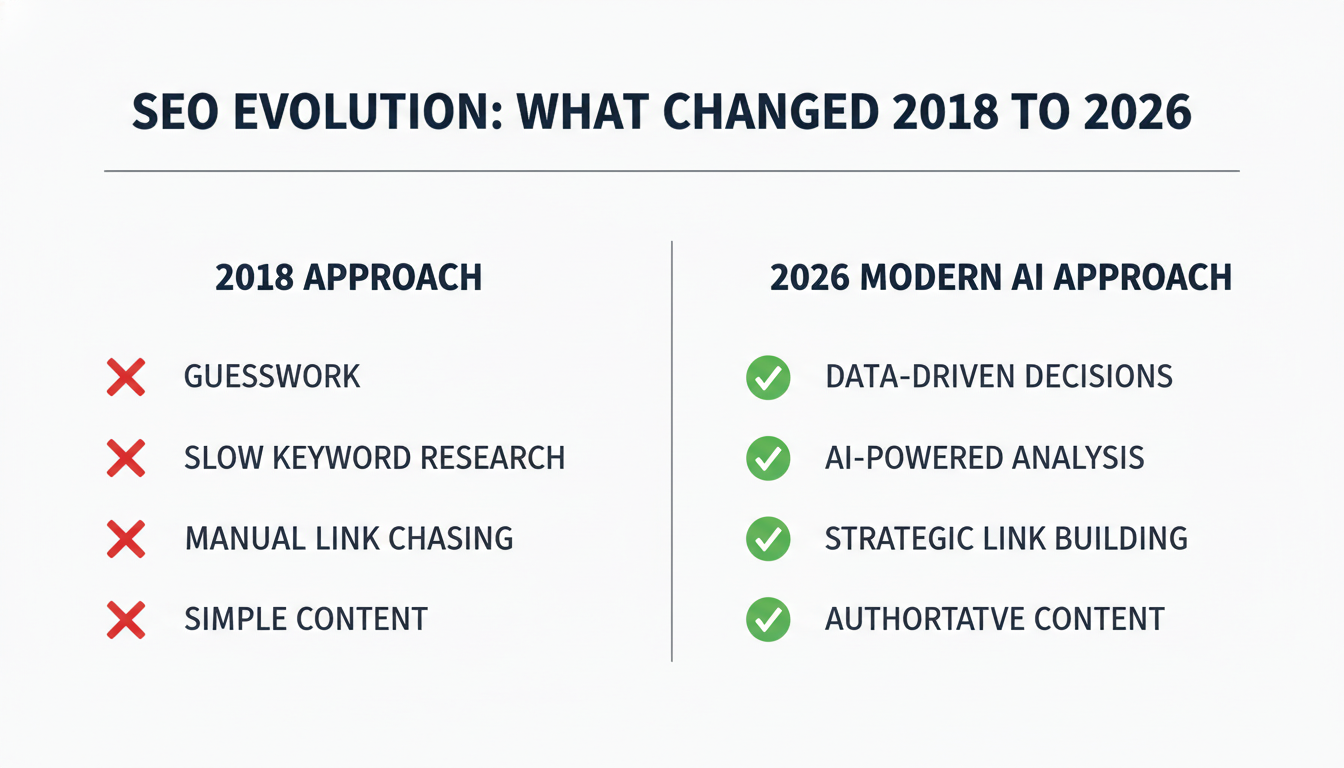 SEO evolution comparison chart: 2018 outdated tactics vs 2026 AI-driven modern approach