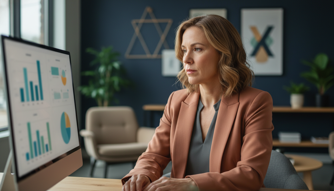 Professional consultant reviewing AI-powered SEO analytics in modern office. Best AI SEO agency, Syracuse, NY.