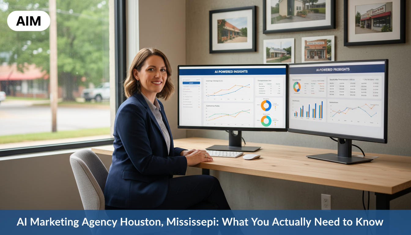 AI marketing strategist reviewing analytics on dual monitors in Houston office