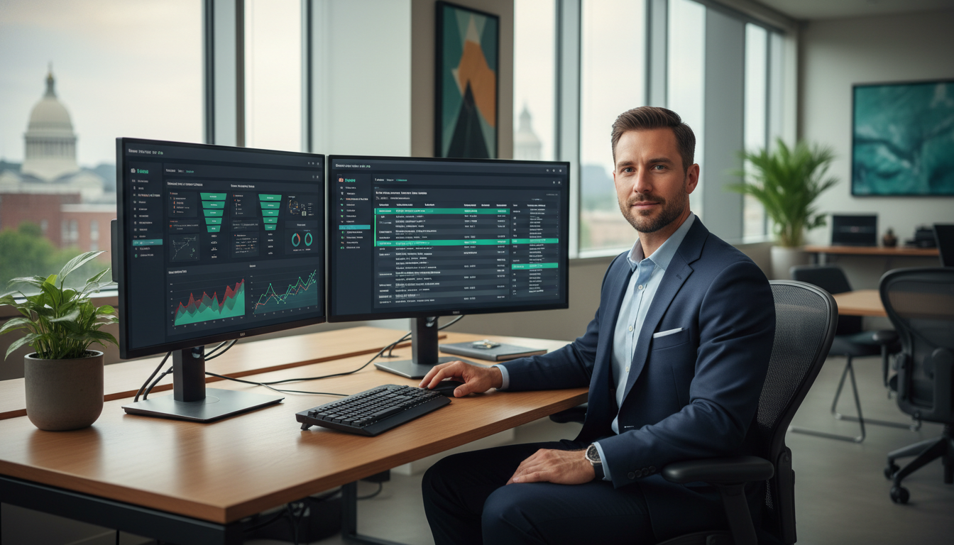 AI SEO strategist reviewing analytics dashboard in modern Springfield, MA office