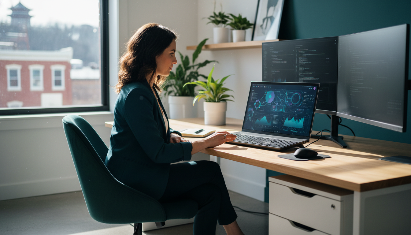 Digital marketing strategist working at modern office desk with analytics dashboard, Reading PA