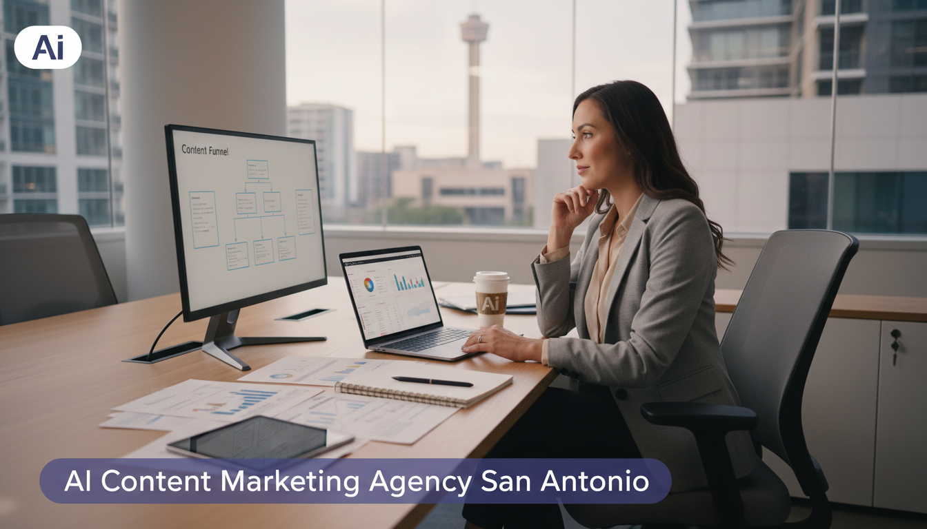 Content marketing strategist working at modern San Antonio office with laptop and strategy documents
