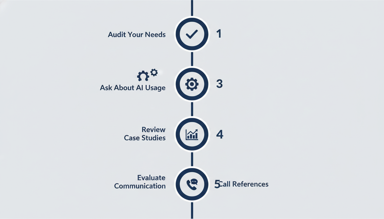 Five-step decision flow: audit needs, ask about AI, review case studies, evaluate communication, check references