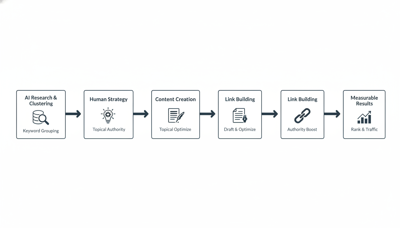 AI SEO workflow process flow: research, strategy, content, links, results diagram for Philadelphia SEO