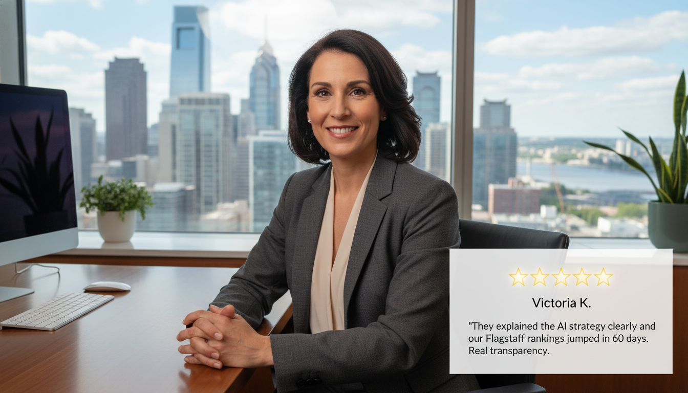Business owner testimonial with 5-star review about AI SEO ranking improvements in Philadelphia, PA