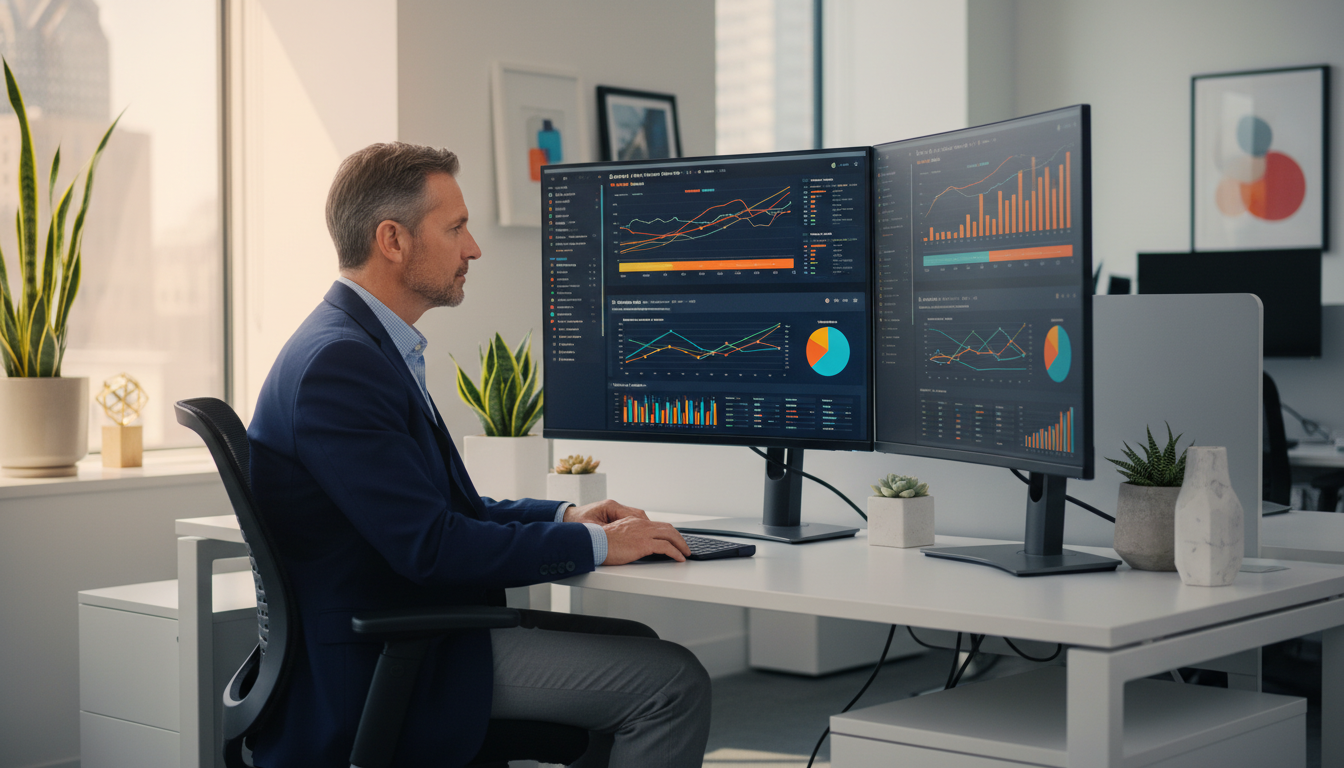 Digital marketing strategist reviewing AI analytics dashboard in modern Asheville office. SEO services.