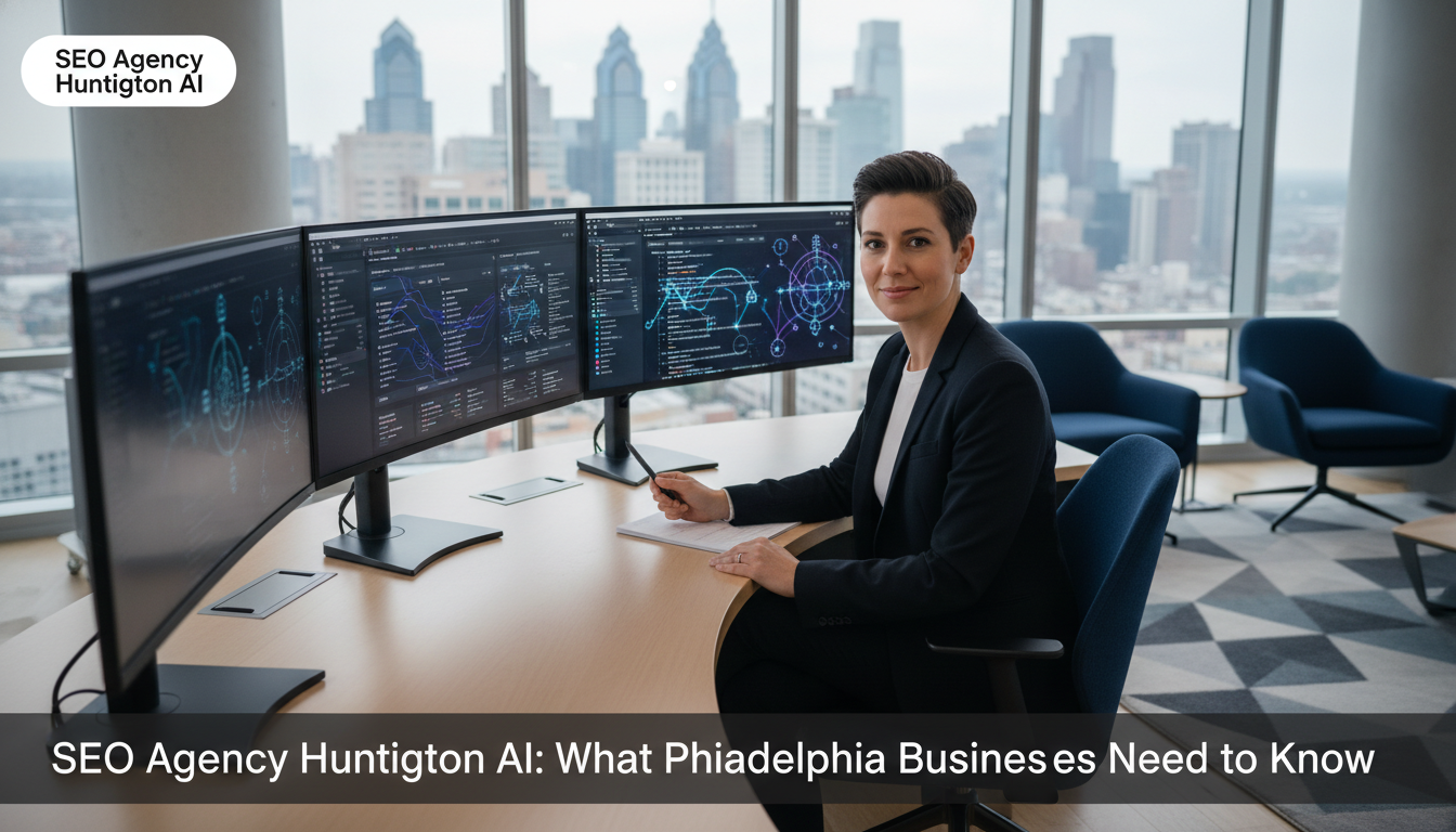 Professional digital strategist in modern Huntington office with analytics dashboards: SEO Hybrid services, Huntington, WV