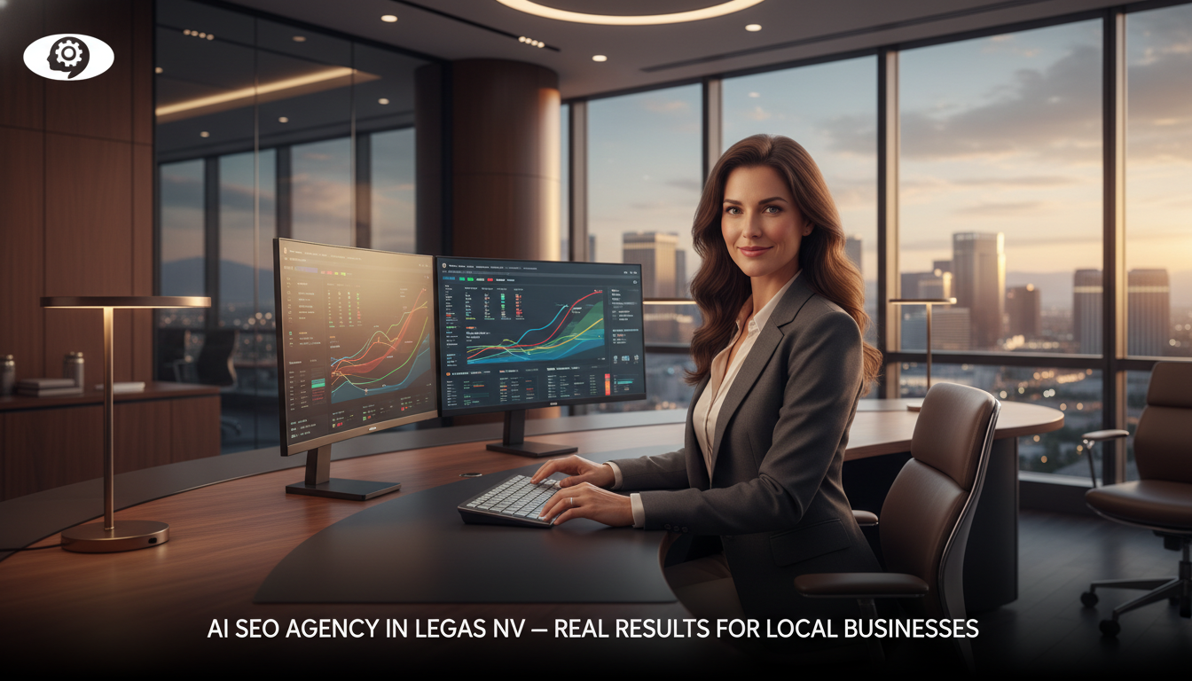 Professional woman at modern Vegas office desk with analytics dashboards, city skyline view behind, embodying AI SEO expertise in Las Vegas