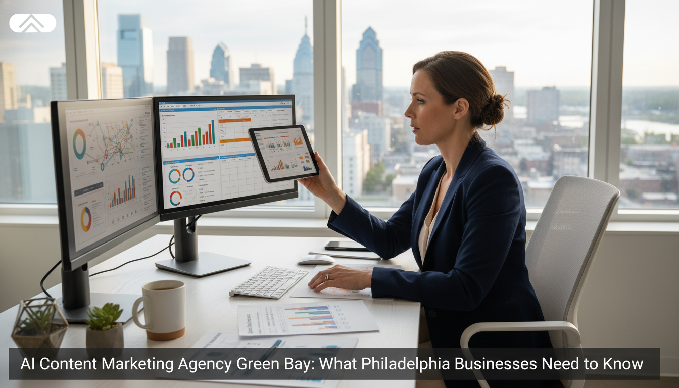 Content strategist reviewing analytics in modern Green Bay office with city skyline view