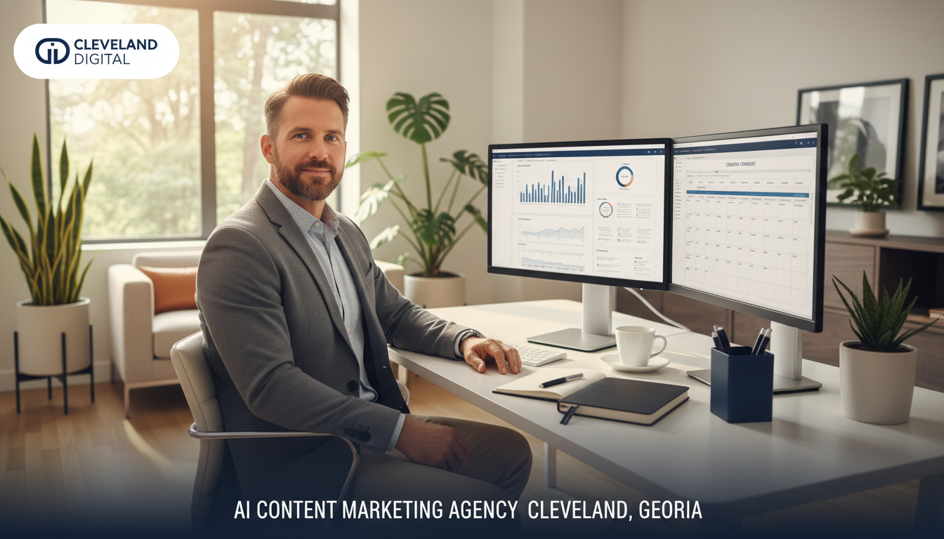 Professional content strategist reviewing analytics at modern desk: AI content marketing in Cleveland, Georgia