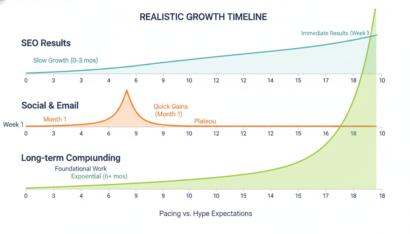 Content marketing timeline: SEO 3-6 months, social immediate, long-term compounding to 18 months