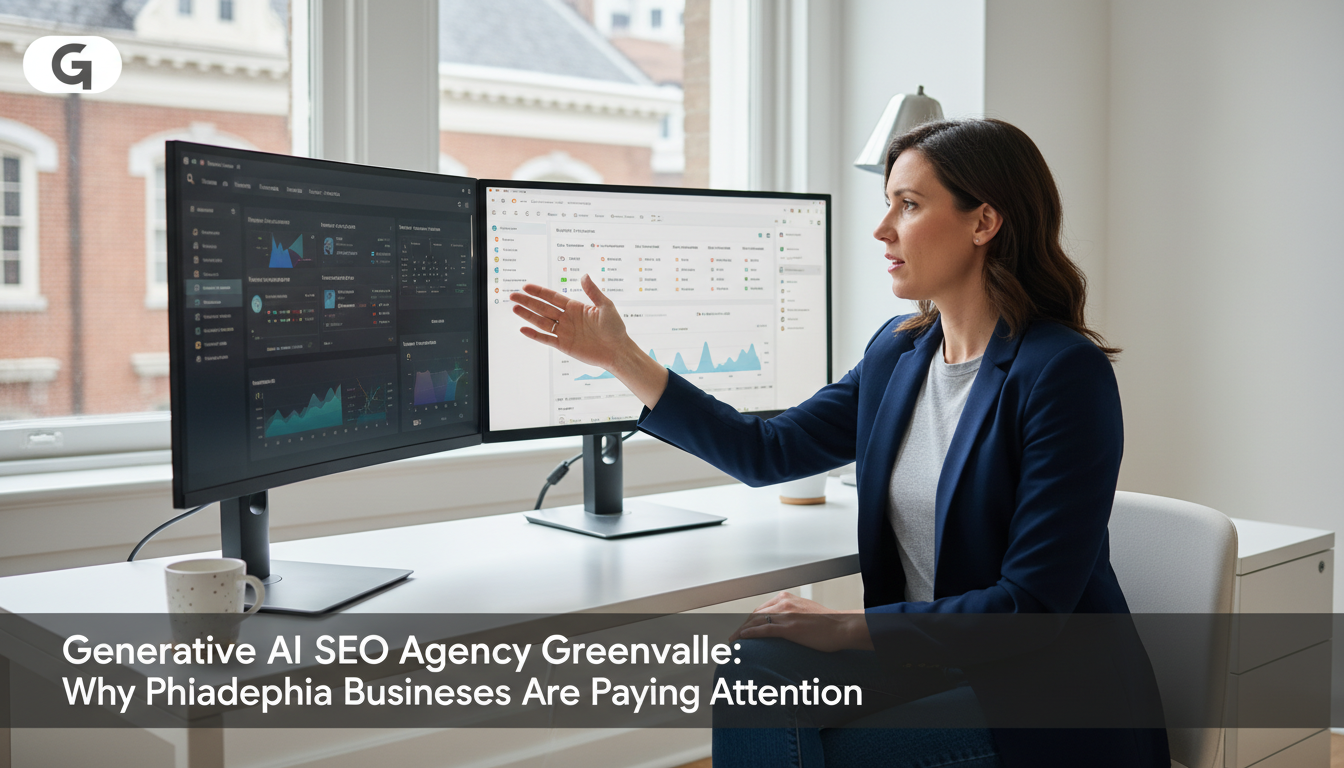 Digital marketing strategist reviewing AI search analytics on monitors in modern Greenville office, GEO agency Greenville service