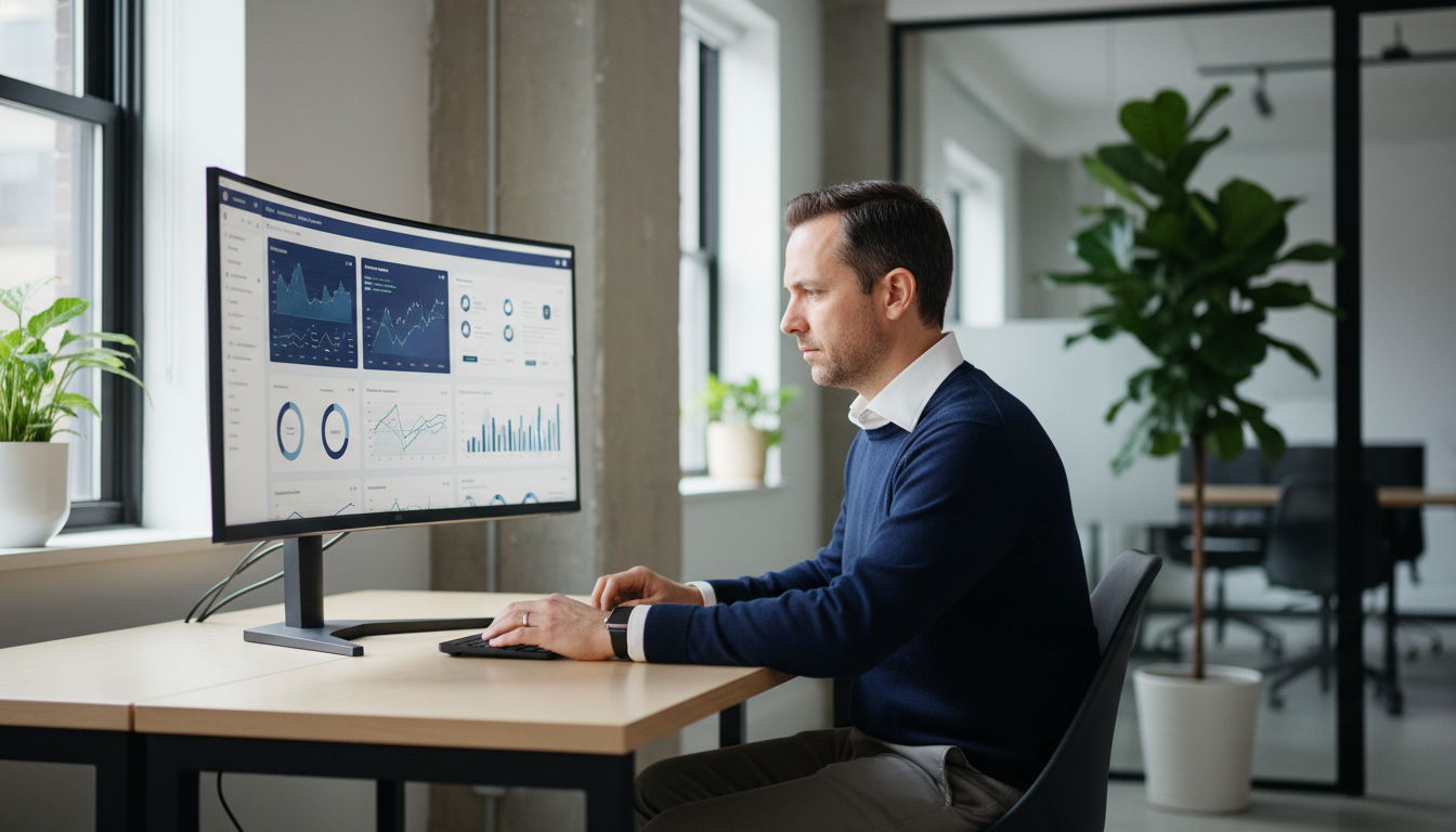 SEO strategist reviewing programmatic content dashboard in modern Bridgeport office