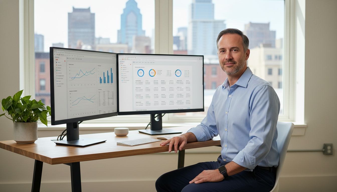 Professional SEO strategist at desk with analytics dashboards in Cape Coral office: Programmatic SEO