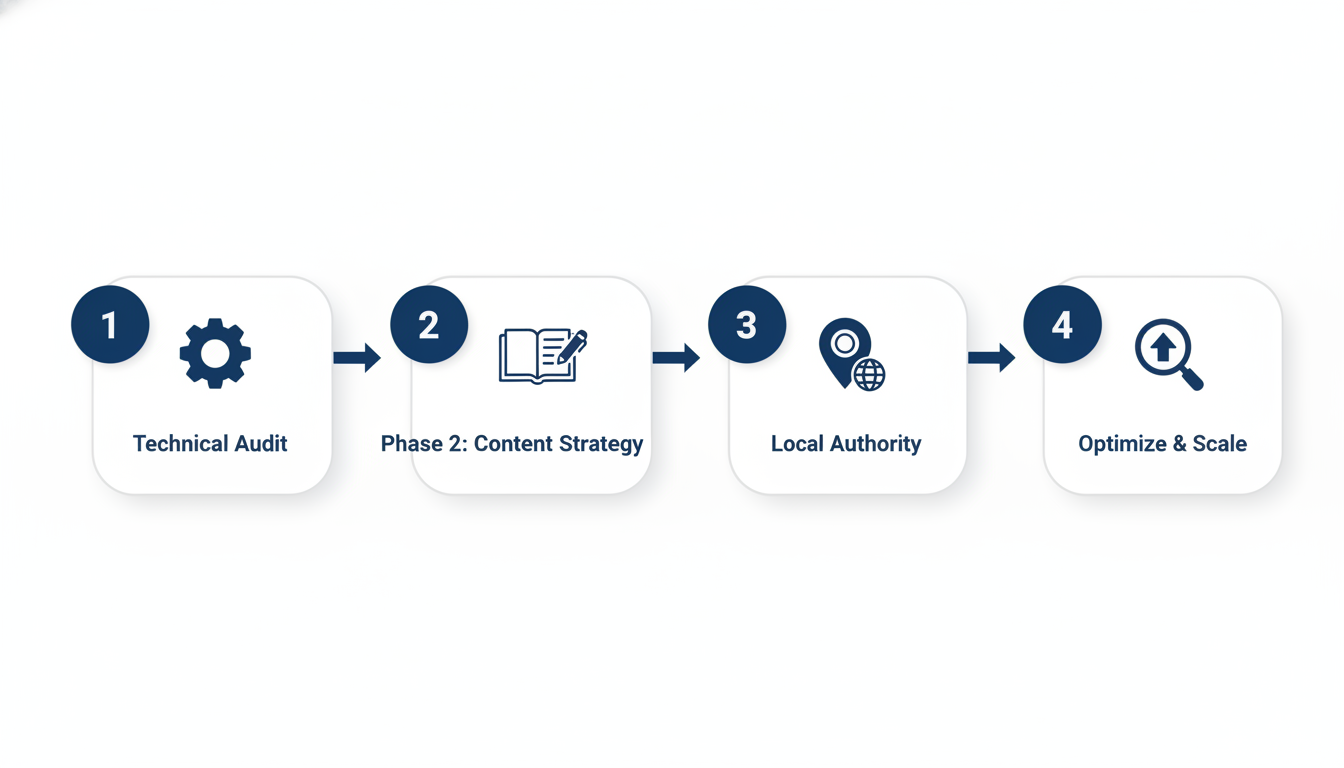 Four-phase SEO strategy timeline: Technical Audit, Content Strategy, Local Authority, Optimize & Scale for Philadelphia AI SEO services