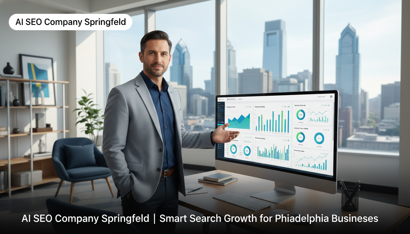 AI SEO strategist analyzing analytics dashboard in modern Springfield office overlooking downtown skyline for SEO services, Springfield