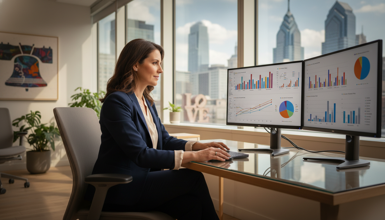 Professional marketing strategist reviewing AI analytics on dual monitors in modern Philadelphia office