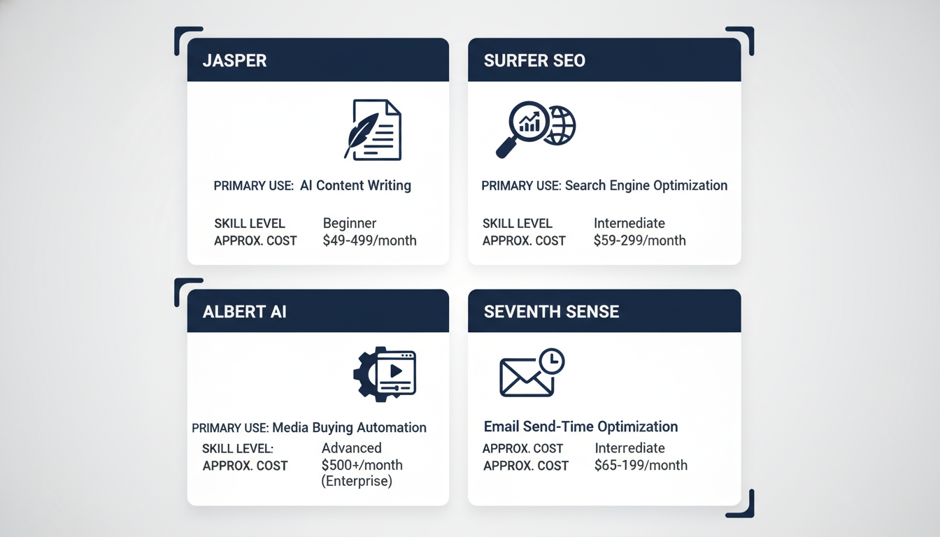 Infographic showing four AI marketing tools: Jasper, Surfer SEO, Albert AI, and Seventh Sense