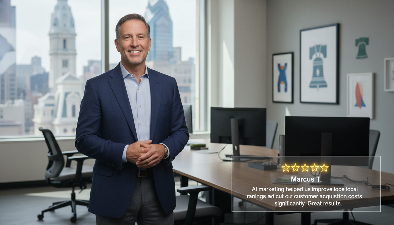 Satisfied Philadelphia business owner with 5-star review praising AI marketing local ranking results
