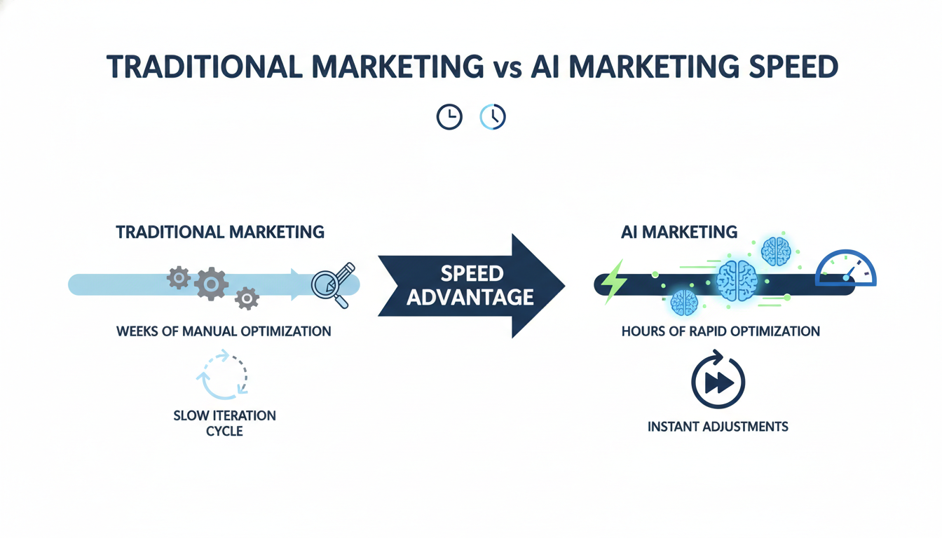 Comparison diagram: Traditional marketing optimization takes weeks vs AI marketing optimization in hours